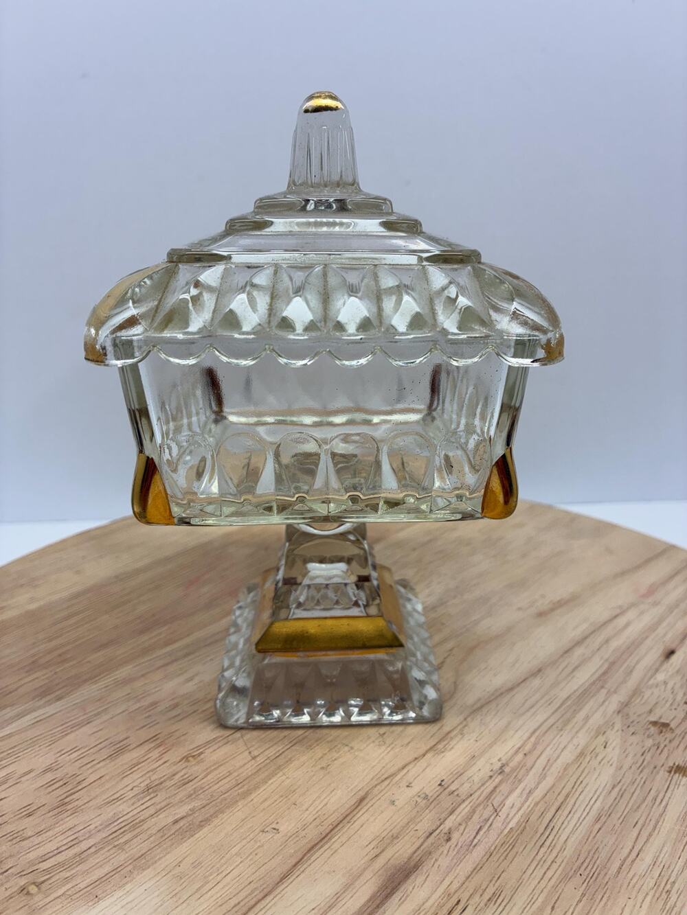 Vintage Clear Glass Pedestal Candy Dish with Lid, Square Pressed Glass Compote